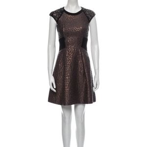 Karen Millen Metallic Animal Print Embellished A-Lined Dress Black Brown Size 10